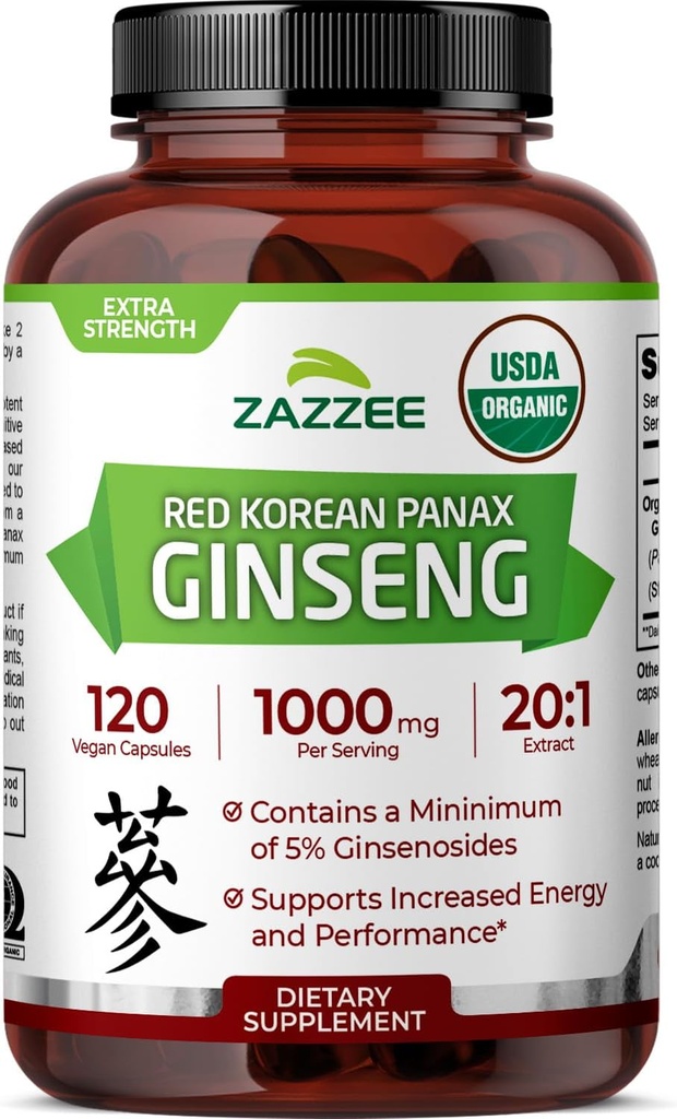 Zazzee USDA Organic Red Koreansk Panax Ginseng 20: 1 Extract, 1000 mg, 5% Ginsenosides, 120 Vegankapsler, Standardiseret og koncentreret 20X Root Extract, 100% Vegetarisk, All- Natural, Made in The USA
