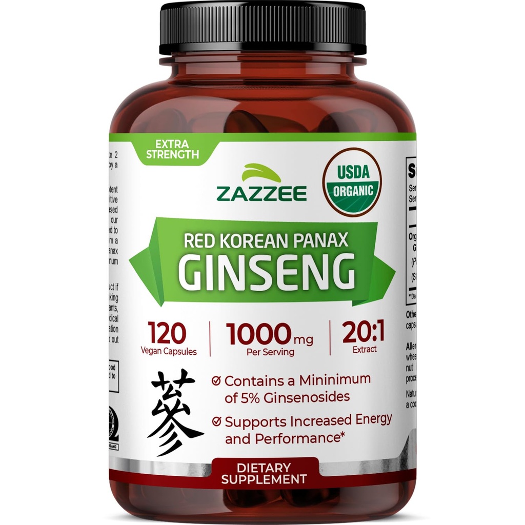 Zazzee USDA Organic Red Koreansk Panax Ginseng 20: 1 Extract, 1000 mg, 5% Ginsenosides, 120 Vegankapsler, Standardiseret og koncentreret 20X Root Extract, 100% Vegetarisk, All- Natural, Made in The USA