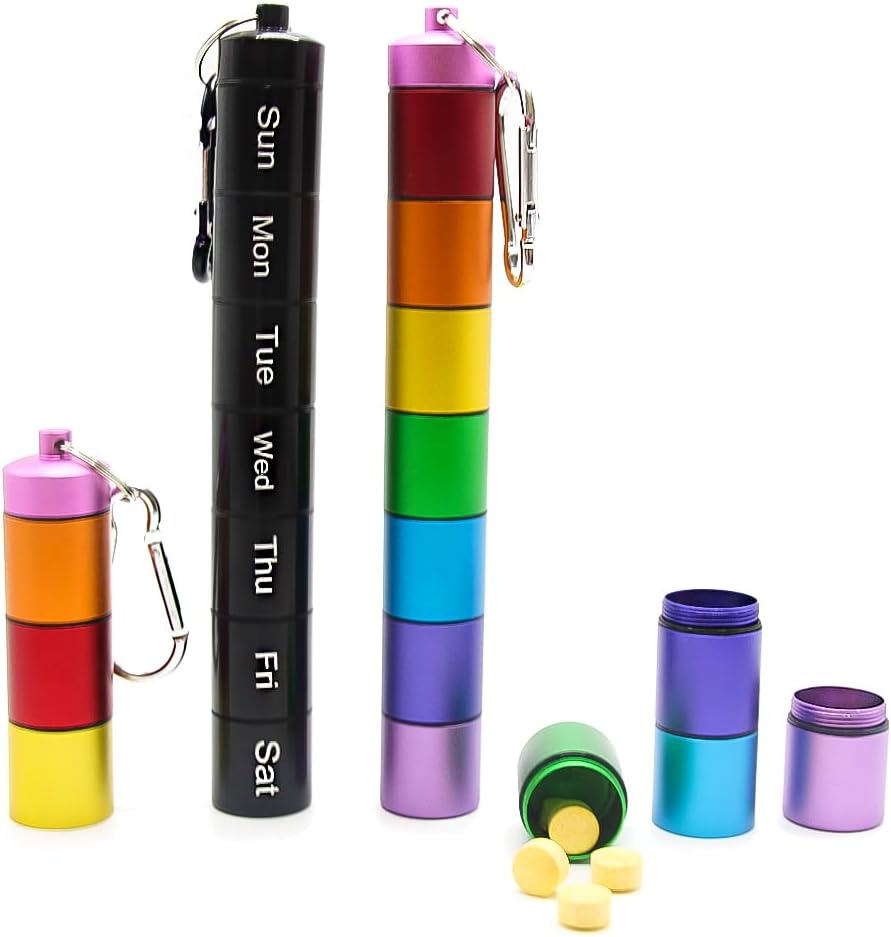 2 PCS Metal Travel Pill Organizer Large - Rainbow Weekly Pill Case + 7 Dag Pill Organizer-Vandtæt Pill Box Container - Kompakt og holdbar Medicin Organizer