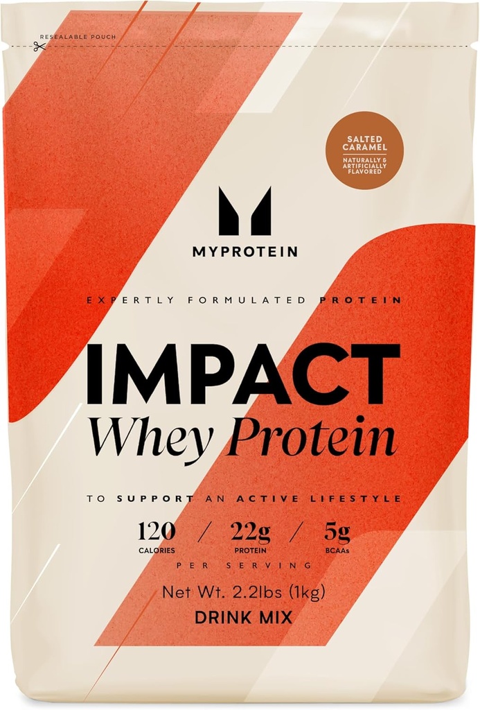 Myprotein Impact Whey Protein Powder, 2.2 Lbs (31 Servere) Saltet Caramel, 22g Protein & 5g BCAA Per Servering, Protein Shake for Superior Performance, Muscle Strength & Recovery, Gluten Free