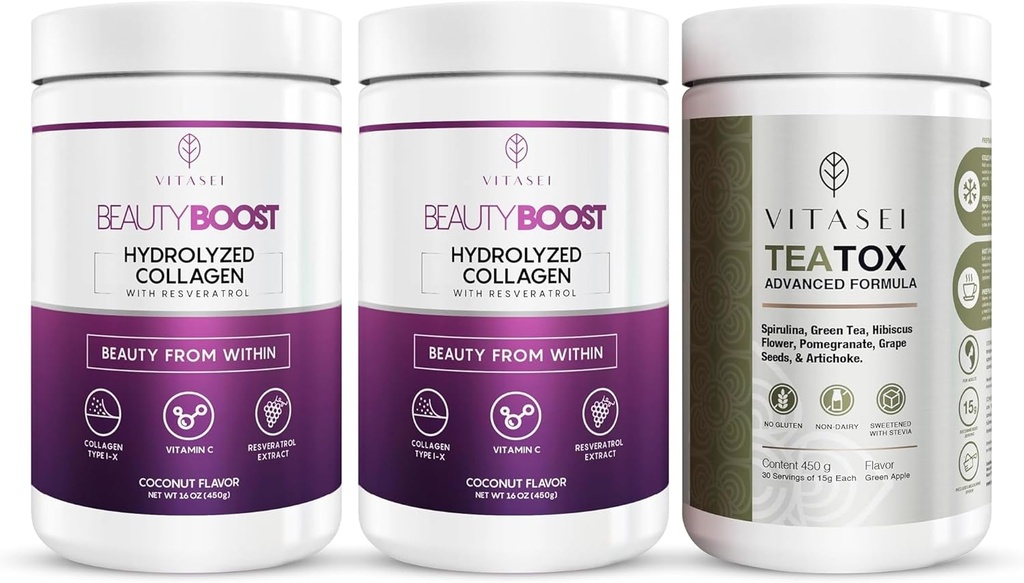 VITASEI Hydrolyzed Collagen Peptider Pulver med C-vitamin & Resveratrol og Teatox Cleanse Support Powder, fordøjelse Booster W / Green Tea, Spirulina, Artichoke
