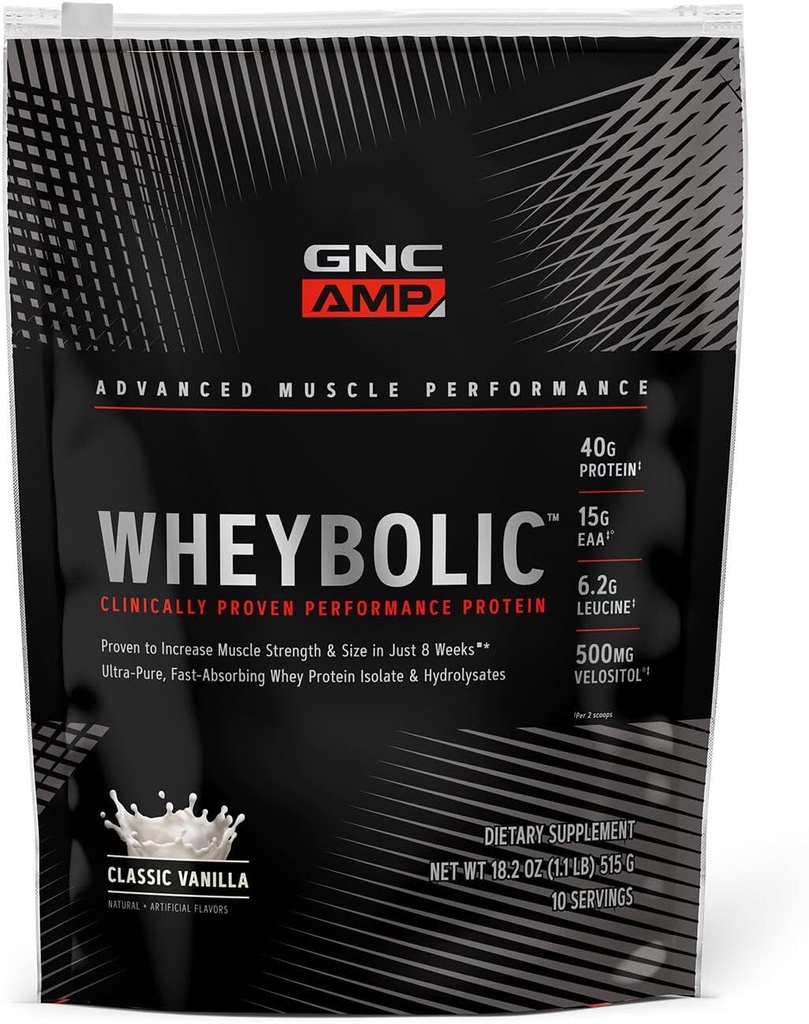 GNC AMP Wheybolsk Klinisk Proven Protein Powder, 40g Whey Protein, BCAA, Leucin, Øger muskelstyrke, Muscle Building, 3. part testet, Gluten Free, Classic Vanilla, 10 Servere