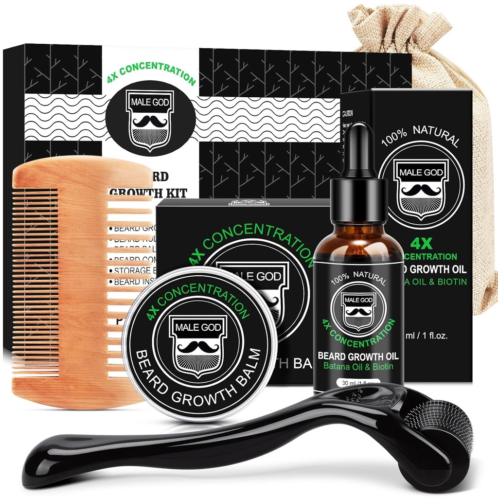 MALE GUD Beard Growth Kit, Beard Kit W / Beard Growth Oil, Beard Balm, Beard Comb, Massager for Spot / Patchy Beard, Julegaver til mænd Ham Kæreste Mand