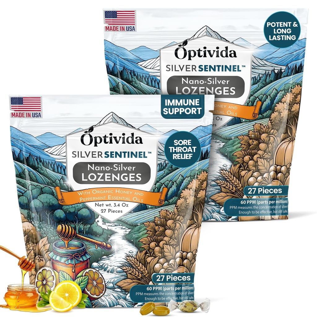 Optivida Health Colloidal Sølv Lozenges med honning & Lemon Oil (2 Pack) - Lindrende Sore Throat Lozenges for voksne med cough Relief & Fast- Actioning Nano Silver Formel for immunforsvar, 60 Ppm