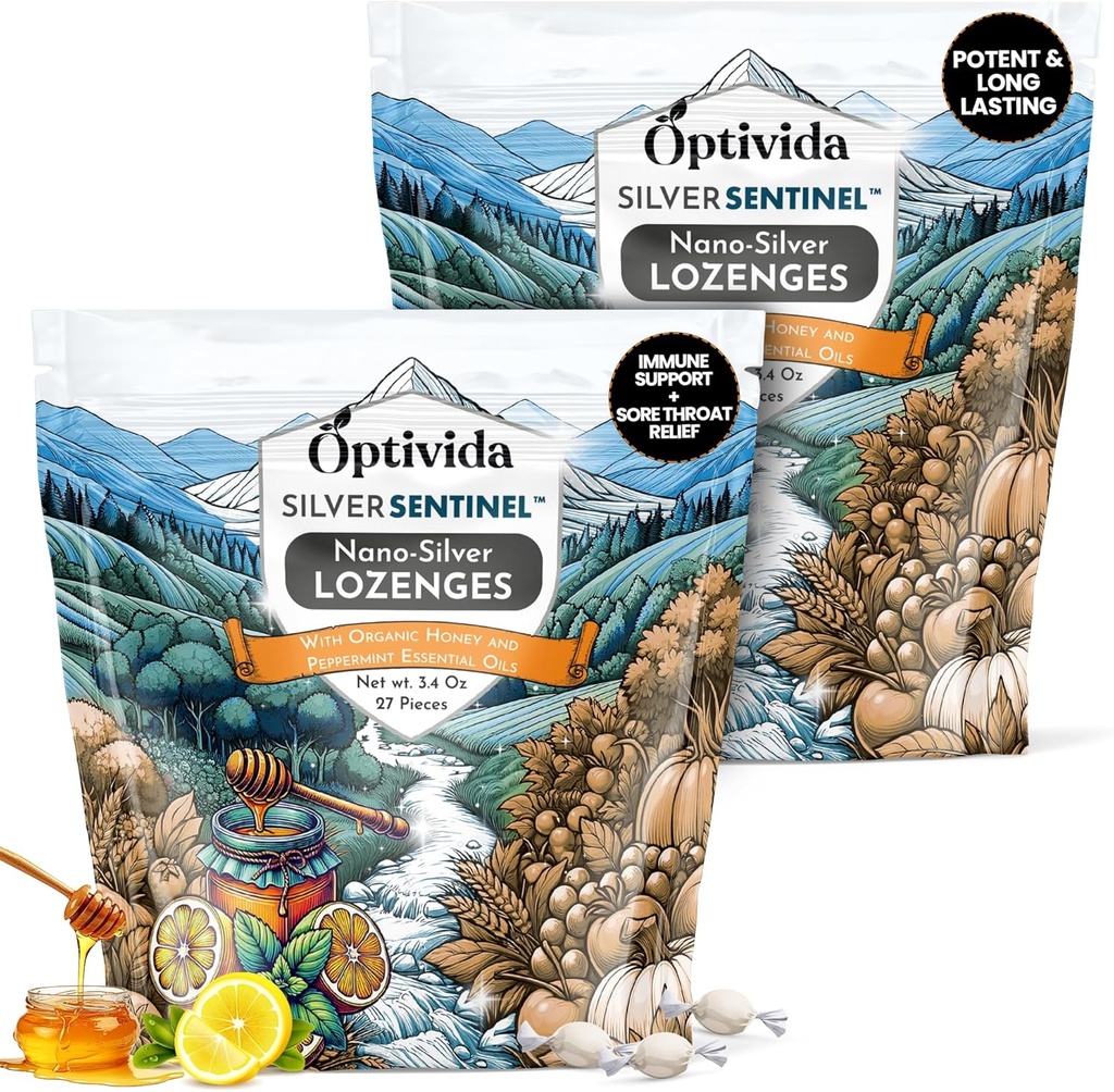 Optivida Health Colloidal Sølv Lozenges med honning & Lemon Oil (2 Pack) - Lindrende Sore Throat Lozenges for voksne med cough Relief & Fast- Actioning Nano Silver Formel for immunforsvar, 60 Ppm