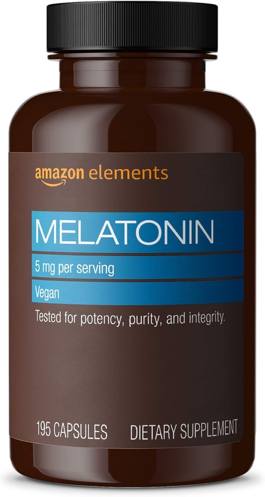 Elementer - Melatonin 5 mg kapsler, Hjælper med lejlighedsvis søvnløshed, Vegan, Unflavored, 195 Greve (pakke med 1), 6 måneders forsyning (Emballage kan variere)