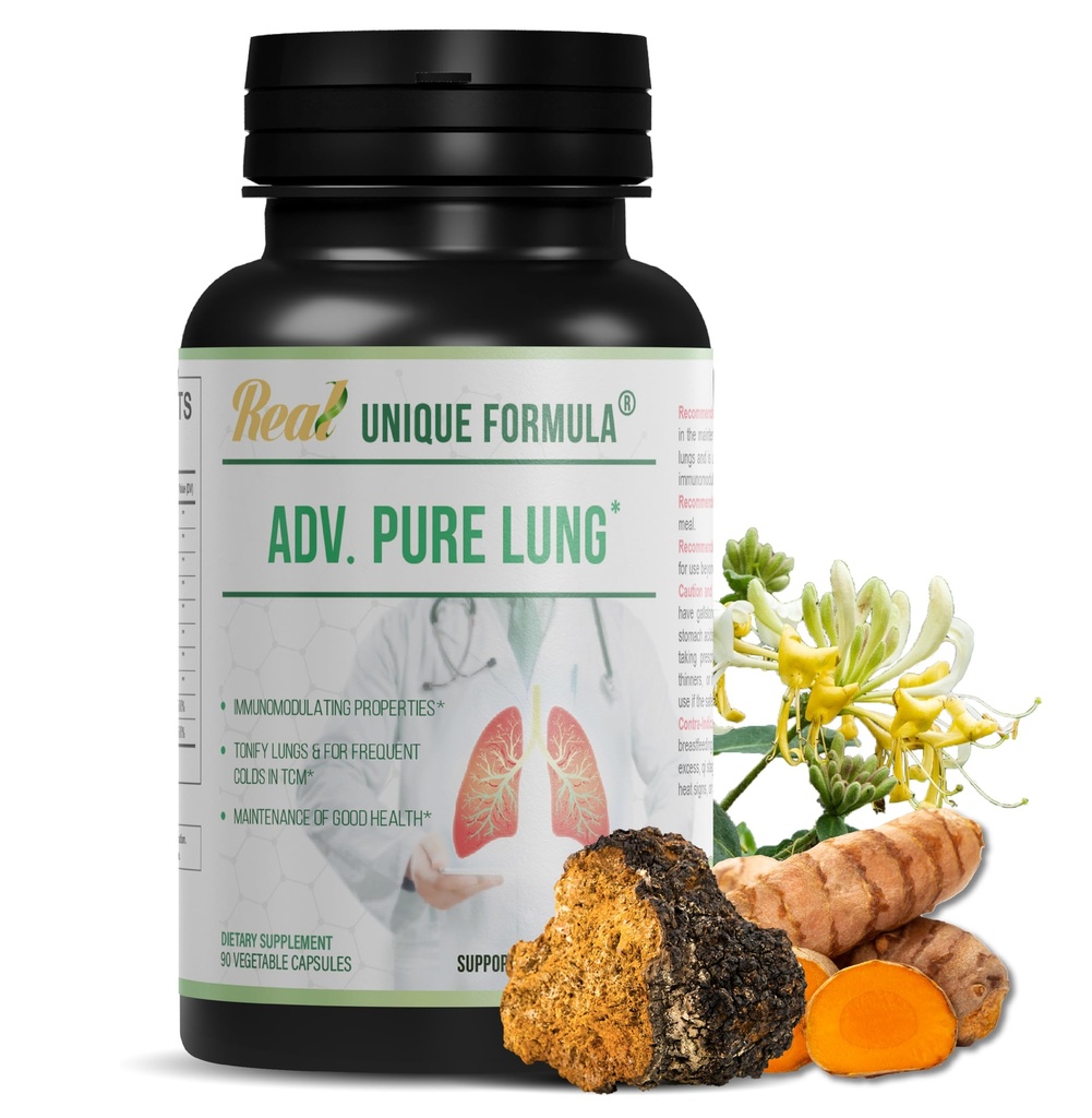 Adv. Pure Lung Buddy 124; Lung Cleanse og Detox Buddy 124; Urtetilskud for Lung Support med Chaga Mushroom, Curcumin Gurkemeje, Honeysuckle Flower, Astragalus, Quercetin, Pomegranat