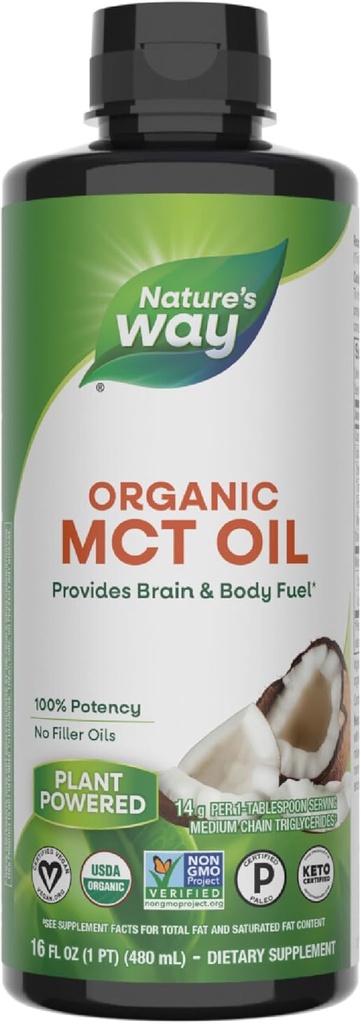 Nature 's Way Organic MCT Oil, 16 Fl Oz, Brain og Body Fuel fra Coconuts *, C8 Capric Acid og C10 Capric Acid, Keto og Paleo Certified, Organic, Non-GMO Project Verified