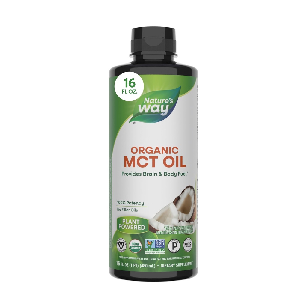 Nature 's Way Organic MCT Oil, 16 Fl Oz, Brain og Body Fuel fra Coconuts *, C8 Capric Acid og C10 Capric Acid, Keto og Paleo Certified, Organic, Non-GMO Project Verified