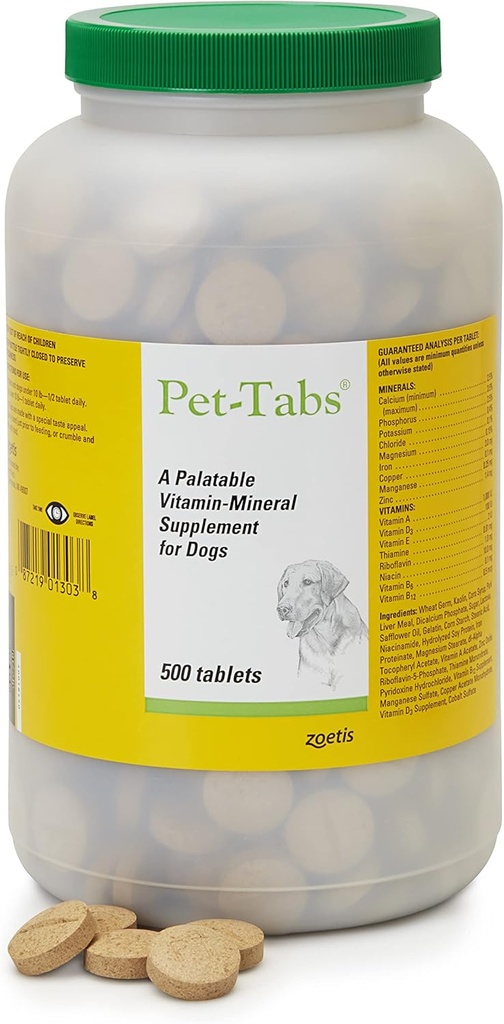 Pet- Tabs Multivitamin og mineraltilskud til hunde, tyggetabletter, 500 Count Flaske til Multidog Husstand