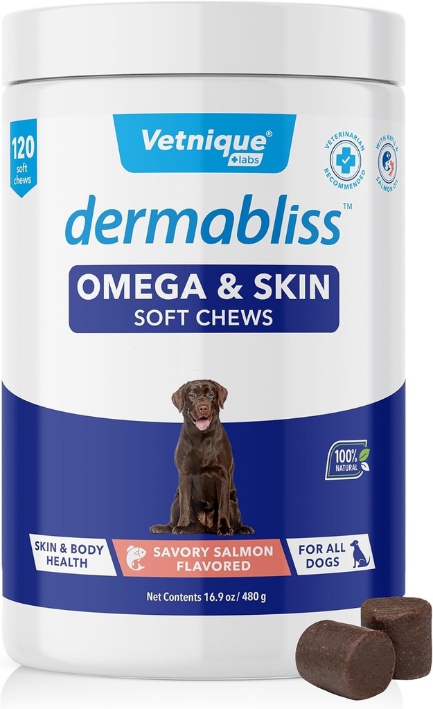 Vetnique Dermabliss Omega & Skin Health Fish Oil for Dogs Soft Chews Sund Skin & Coat for Hunde med Biotin & DHA - Hickory Salmon Dog Treats (120 Count Chews)