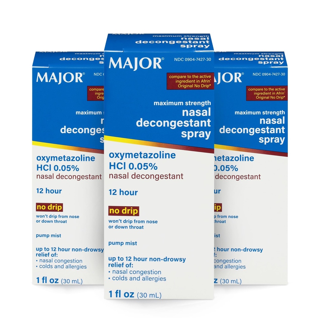 MAJOR Maximum Strength Nasal Decongestant Spray, Oxymetazolin HCl 0,05% Pump Mist, Non- Drowsy Nasal Spray, op til 12-timers Relief fra Nasal Congestion, Colds, og Allergier 1 Fl. Oz. (3- Pack)