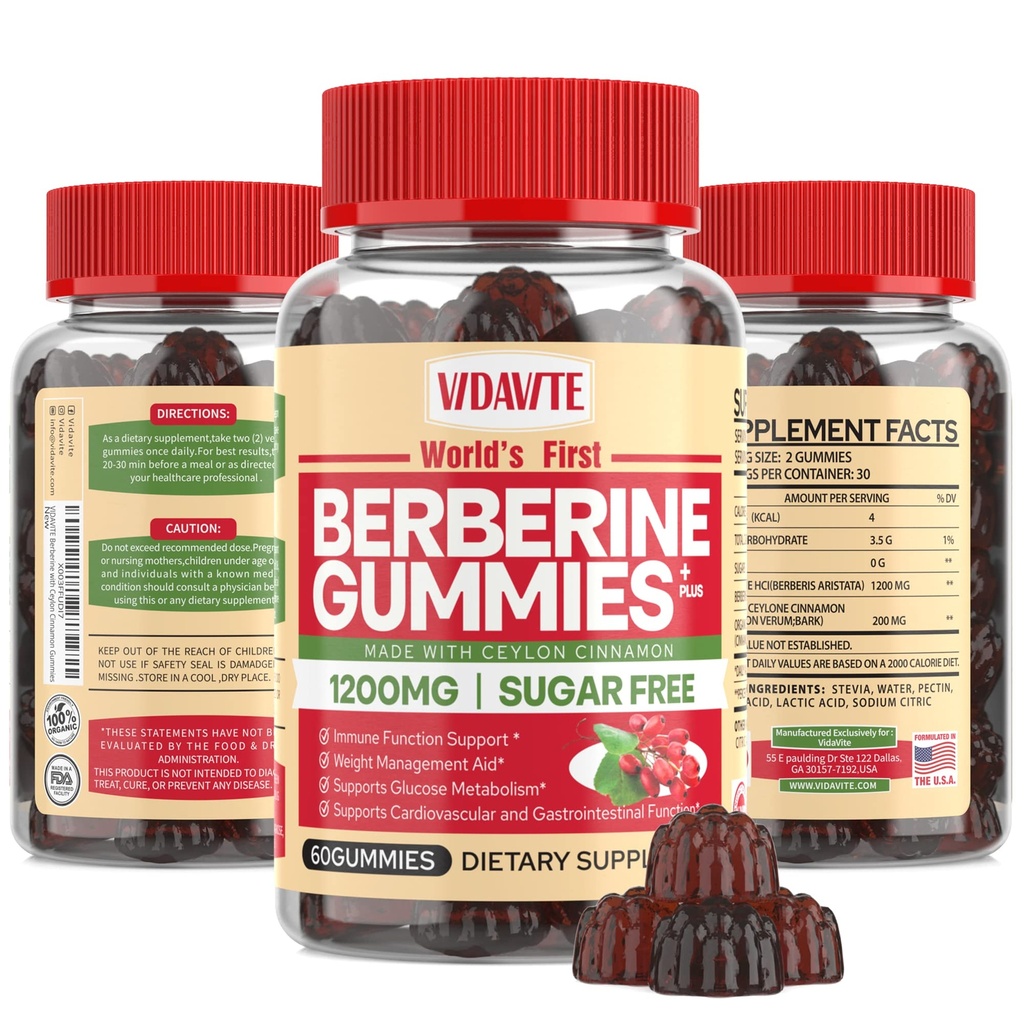 Berberine med Ceylon kanel gummier - sukkerfri, 98% Pure & 10x Absorption - 1200mg HCL Økologisk berberine supplement til vægthåndtering, Immunitet, Metabolisk og fordøjelsesmæssig sundhed (30 dage)