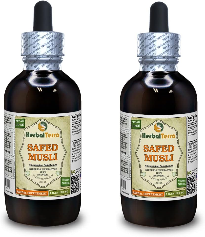 Safed Musli, Bahera (Chlorophytum Borivillianum) Tørret Root Liquid Extract (Brand Name: HerbalTerra, Stolt Made in USA) 2x4 oz