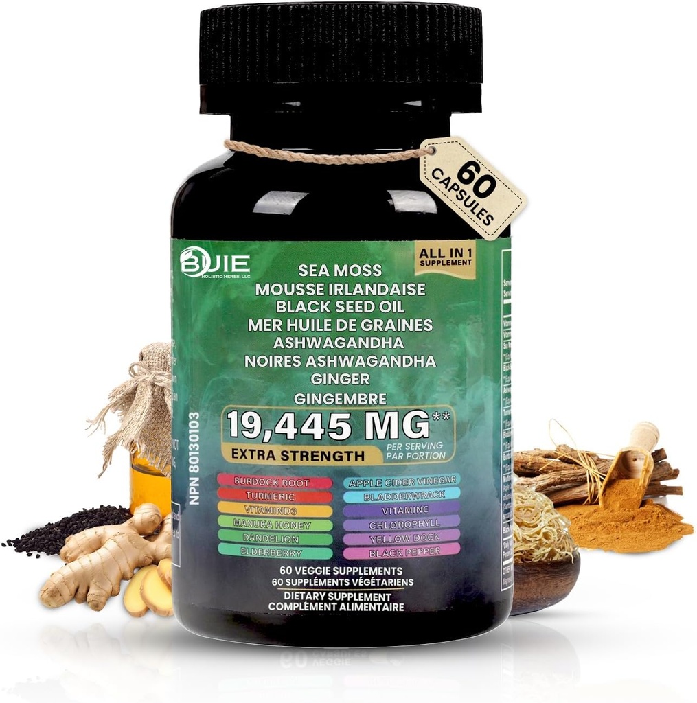 Sea Moss Capsules (Ginger); 60 Kapsler; 124; Irish Moss med Black Seed Oil, Ashwagandha & Ginger; 124; Seamoss Superfood for Energy, Immunity, Joint & Skin Health