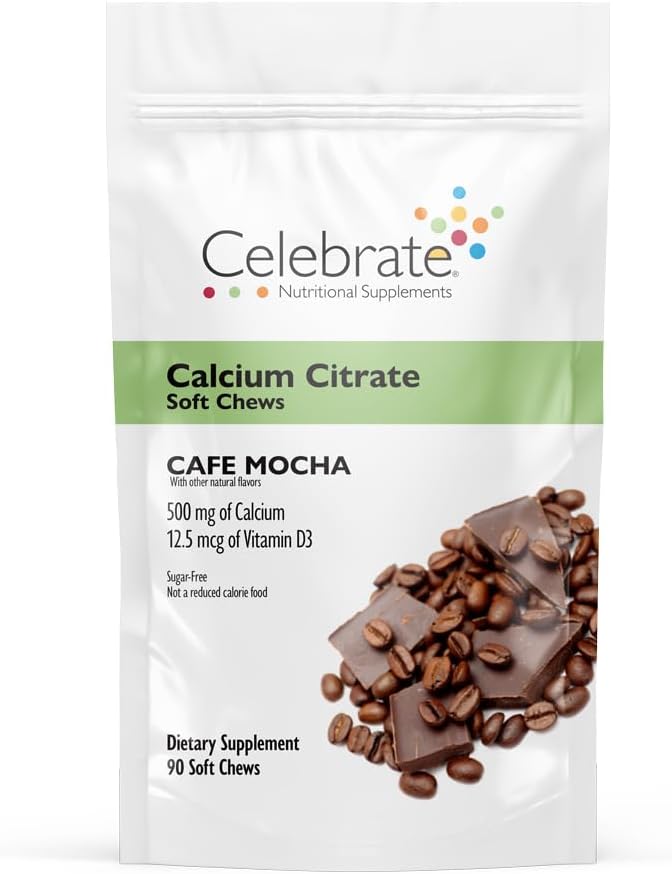 Fejre vitaminer Bariatric Calcium Citrate Soft Chews med vitamin D3, 500mg, Sugar- Free & Gluten- Free Calcium Citrate for Bariatric Patienter, Cafe Mocha, 90 tæller