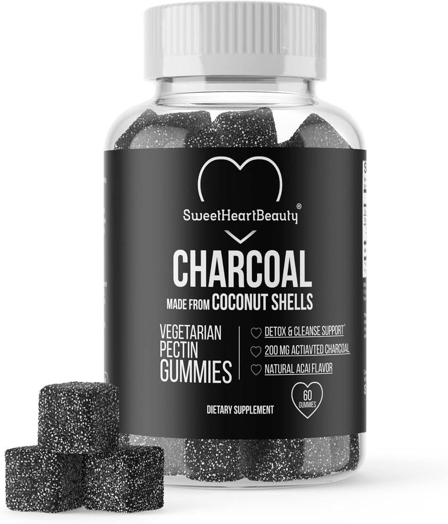 Aktiveret Charcoal Gummies - Natural Coconut Shell Charcoal Gummy Kosttilskud til Detox Support, Mave Bloat & Oral Health - Gluten Free, Vegan & Pectin baseret - Acai Flavor, 60 Greve