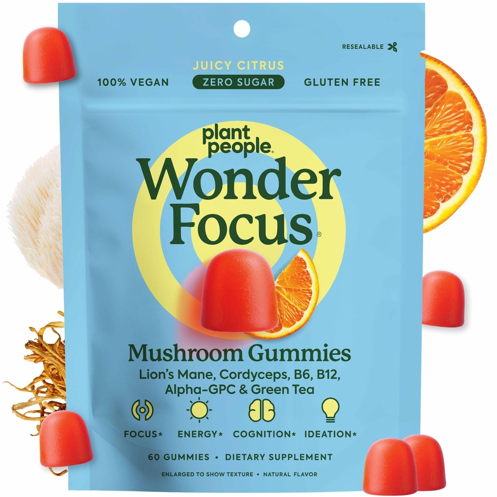 Plant Folk WonderFocus Mushroom Gummies med Lion 's Mane & Cordyceps - Nootrop Brain supplement øger hukommelse, fokus, energi og mad hos voksne Buddy 124; Ingen sukker, 100% Vegan, Citrus Flavor, 60 Greve