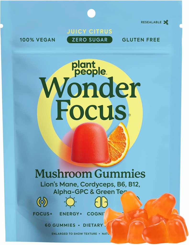 Plant People WonderFocus Mushroom Gummies with Lion’s Mane & Cordyceps - Nootropic Brain Supplement Boosts Memory, Focus, Energy & Mood in Adults | No Sugar, 100% Vegan, Citrus Flavor, 60 Count
