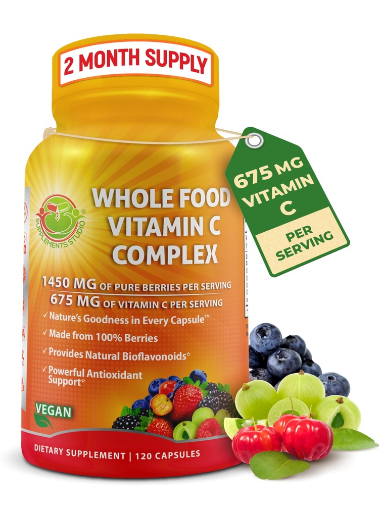 Whole Food Vitamin C Complex - 1450mg Organic Berries - 675 mg C-vitamin per servering, højpotens Antioxidant & immunforsvar med Acerola, Amla og naturlige bioflavonoider - Vegan, Non- GMO, 120 Count