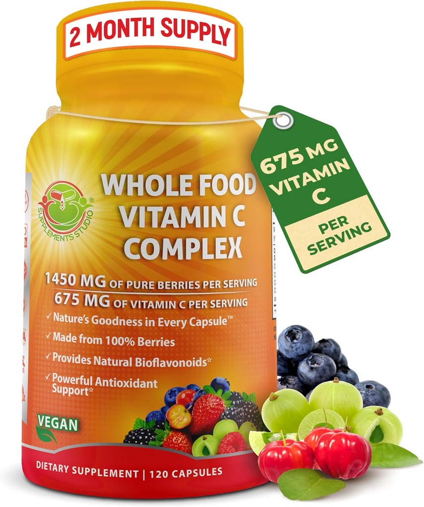 Whole Food Vitamin C Complex - 1450mg Organic Berries - 675 mg C-vitamin per servering, højpotens Antioxidant & immunforsvar med Acerola, Amla og naturlige bioflavonoider - Vegan, Non- GMO, 120 Count
