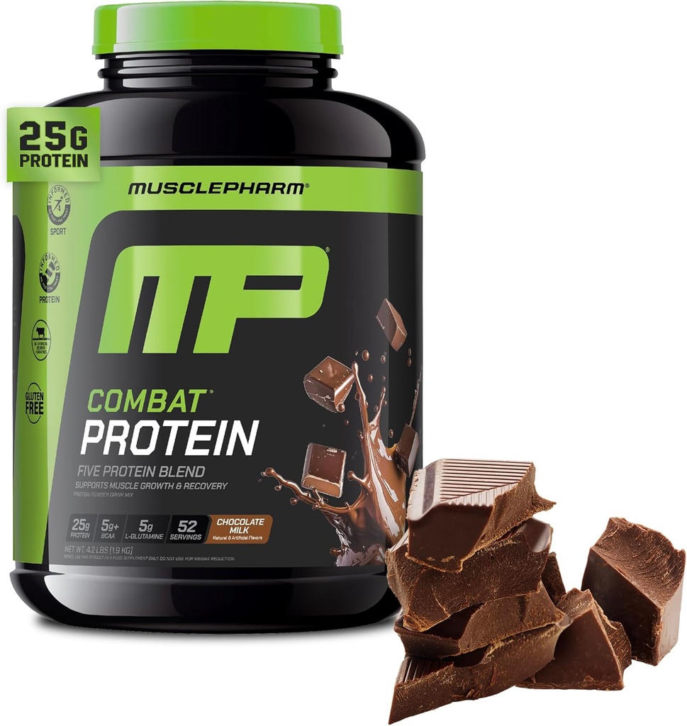 Muscle Pharm Combat Protein Powder, Chokolade Milk Flavor, Fuels Muscles for Productive Workouts, 5 Protein Kilder herunder Whey Protein Isolate & Egg Albumin, Gluten Free, 4 LB, 52 Servere