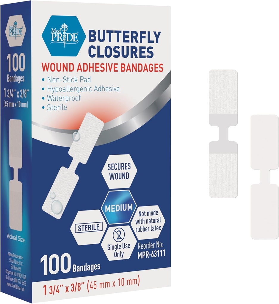 MED PRIDE Butterfly Wound Closure Strips Pack med 100 Steril Nonstick Hypoallergen Latex Free Bandages for Cuts and Injuries (Medium)
