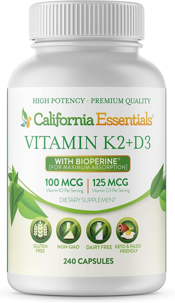 California Essentials Vitamin K2 + VIT D3 5000 IE med BioPerine til maksimal absorption - hjerte, ben, immunsupport - non- GMO, Dairy / Soy / Gluten- Free - 240 Veggie kapsler