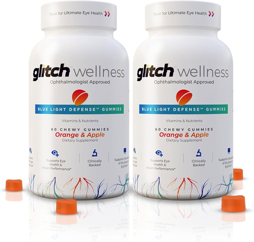 Glitch Gummies for Dry Eyes Blue Light Defense – Vegan, Sugar Free Zeaxanthin and Lutein Gummies for Eyes Supplement for Adults and Seniors (60 Count - 2 Bottle)