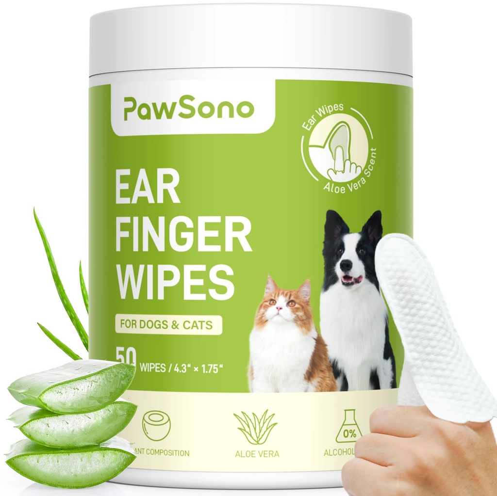 Ear Finger Wipes for Dogs & Cats, Thicker Dog Ear Cleaner Wipes, Natural Relief Cat Ear Cleaner Dog, Pet Health Supplies for Dog Small Animal Cat, Aloe Duft Deodorizing - 50 Greve