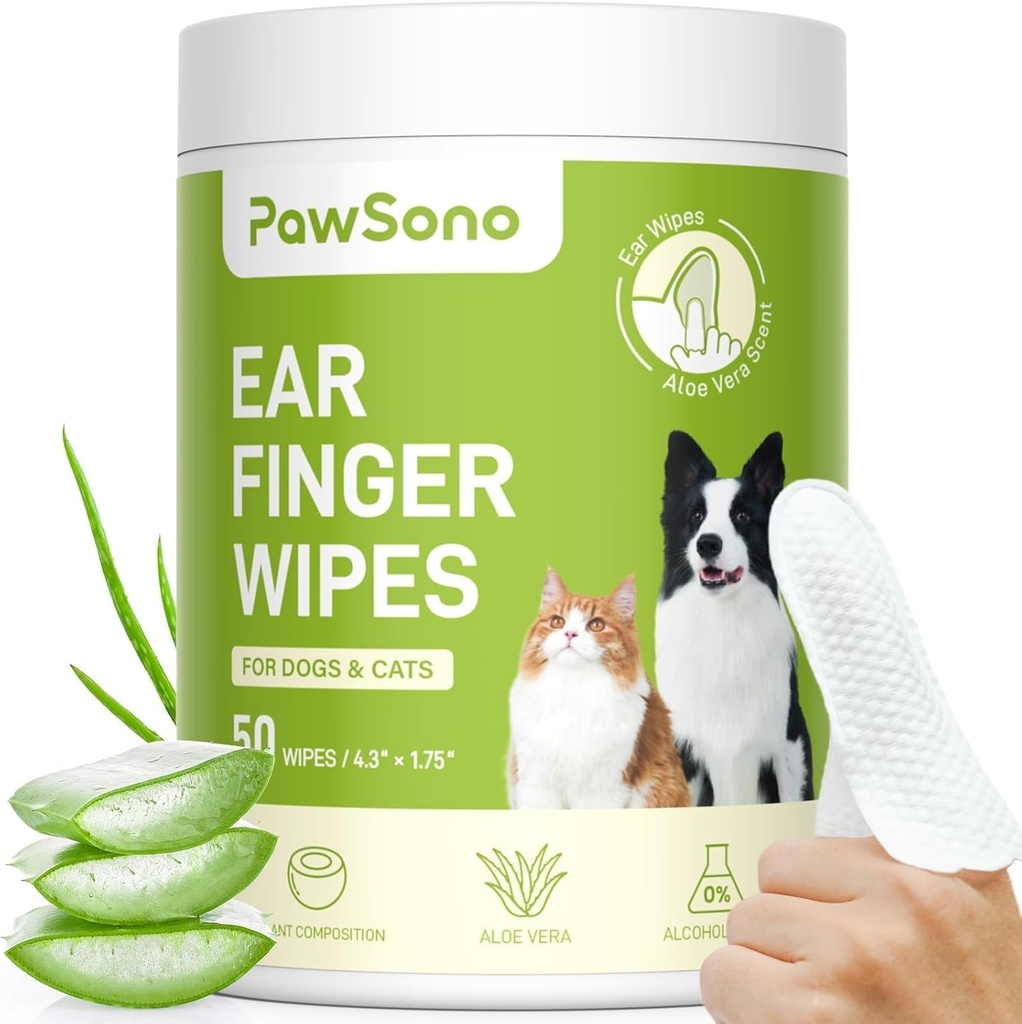 Ear Finger Wipes for Dogs & Cats, Thicker Dog Ear Cleaner Wipes, Natural Relief Cat Ear Cleaner Dog, Pet Health Supplies for Dog Small Animal Cat, Aloe Duft Deodorizing - 50 Greve