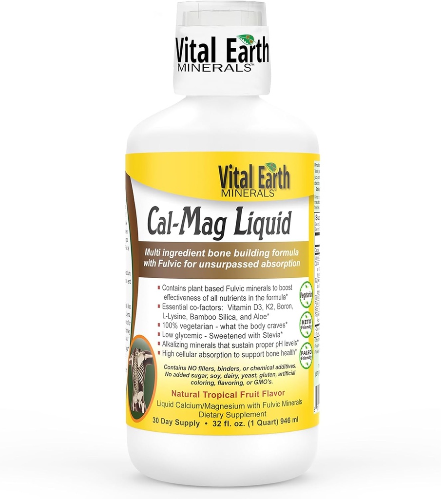 Vital Earth Minerals Cal- Mag Liquid - Calcium Magnesium tillæg med vitamin D3, K2, Bor, og Fulvic Acid for Hurtigere Absorption, 32 Oz + 1 Oz Cup