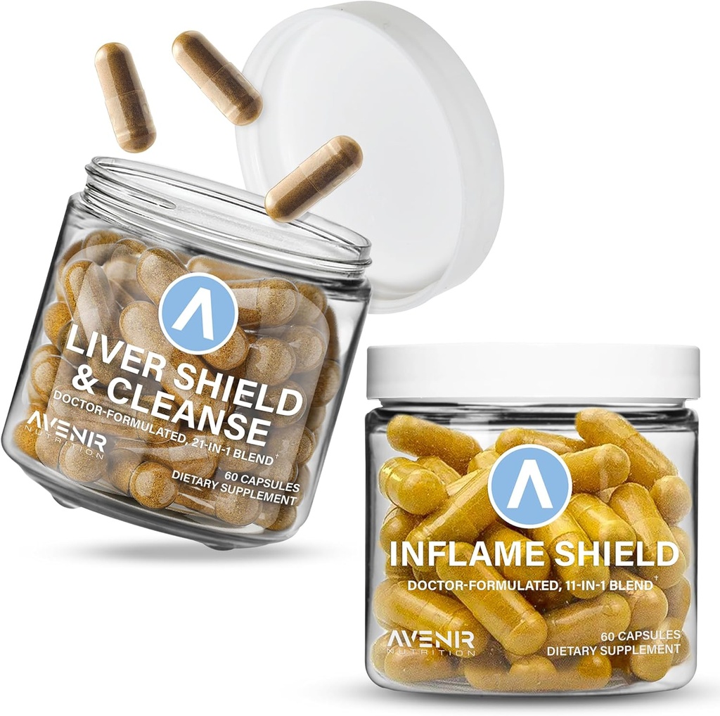 Avenir Nutrition Shield Hard Bundle - Lever Rengøring Detox & Reparation og Inflammeskjold - Mælk tidsel, gurkemeje og ingefær kosttilskud - 60 kapsler hver