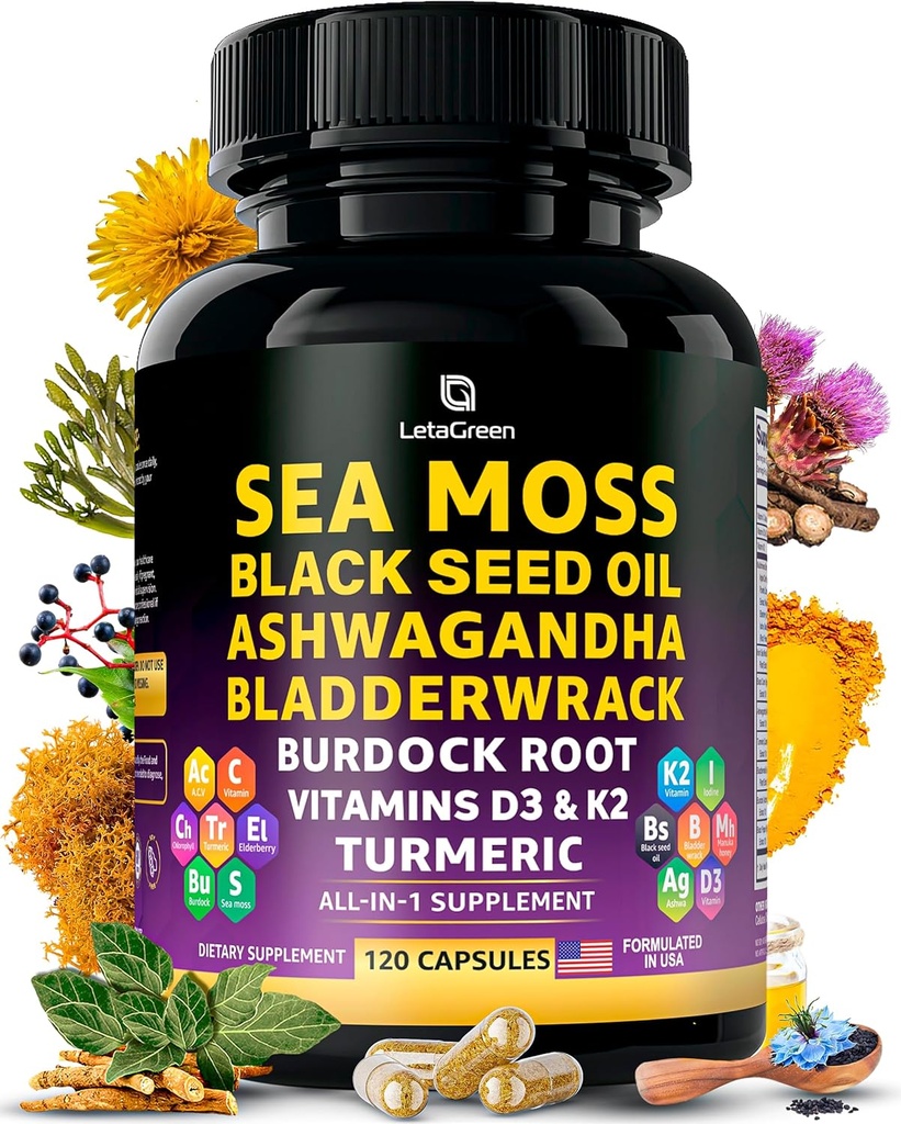 Sea Moss Capsules - 17-in-1 Blend med Black Seed Oil Ashwagandha Bladderwrack Burdock Root gurkemeje D3 K2 C for daglig wellness - Multimineral supplement til mænd og kvinder - 120 Greve