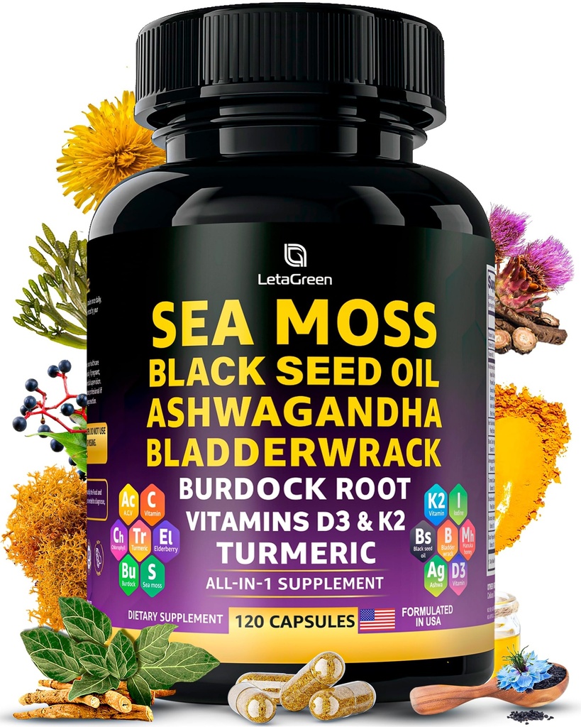 Sea Moss Capsules - 17-in-1 Blend med Black Seed Oil Ashwagandha Bladderwrack Burdock Root gurkemeje D3 K2 C for daglig wellness - Multimineral supplement til mænd og kvinder - 120 Greve