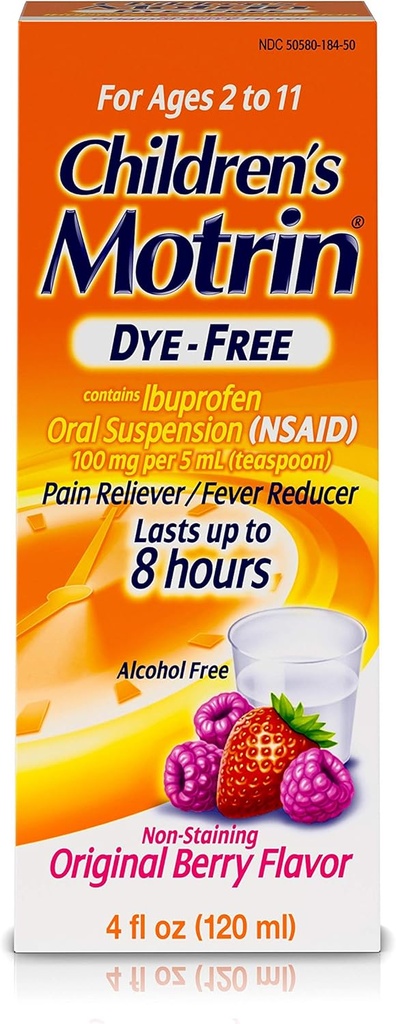 Motrin Children 's Oral Suspension Dye- Free, Ibuprofen, Fever Reducer, Berry, 4 Fl.Oz