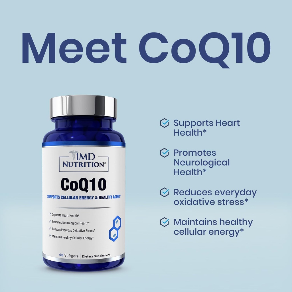 1MD Nutrition CoQ10 - for Heart Health & Cellular Energy Production - Health Supplement for mænd & kvinder - Coenzym Q10 Softgel - 60 dage (2 - Pack)