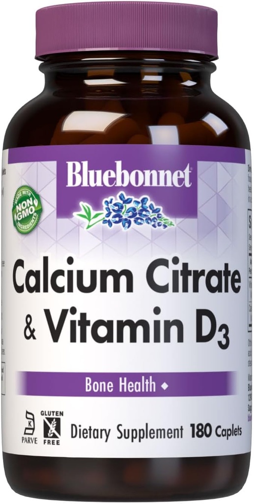 Bluebonnet Calcium Citrat med vitamin D3 - Daglig Knoglehygiejne og styrke Plus immunforsvar * 1000mg Calciumsupplement til kvinder & mænd - Non- GMO, Gluten- fri - 180 kapsler