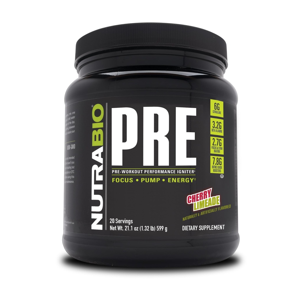 Nutrabio Pre Workout Powder - Gamle formler - Vedvarende energi, Mental Focus, Endurance - Beta Alanine, Creatin, Koffein, Elektrolyter - 20 Servere - Kirsebær Limeade