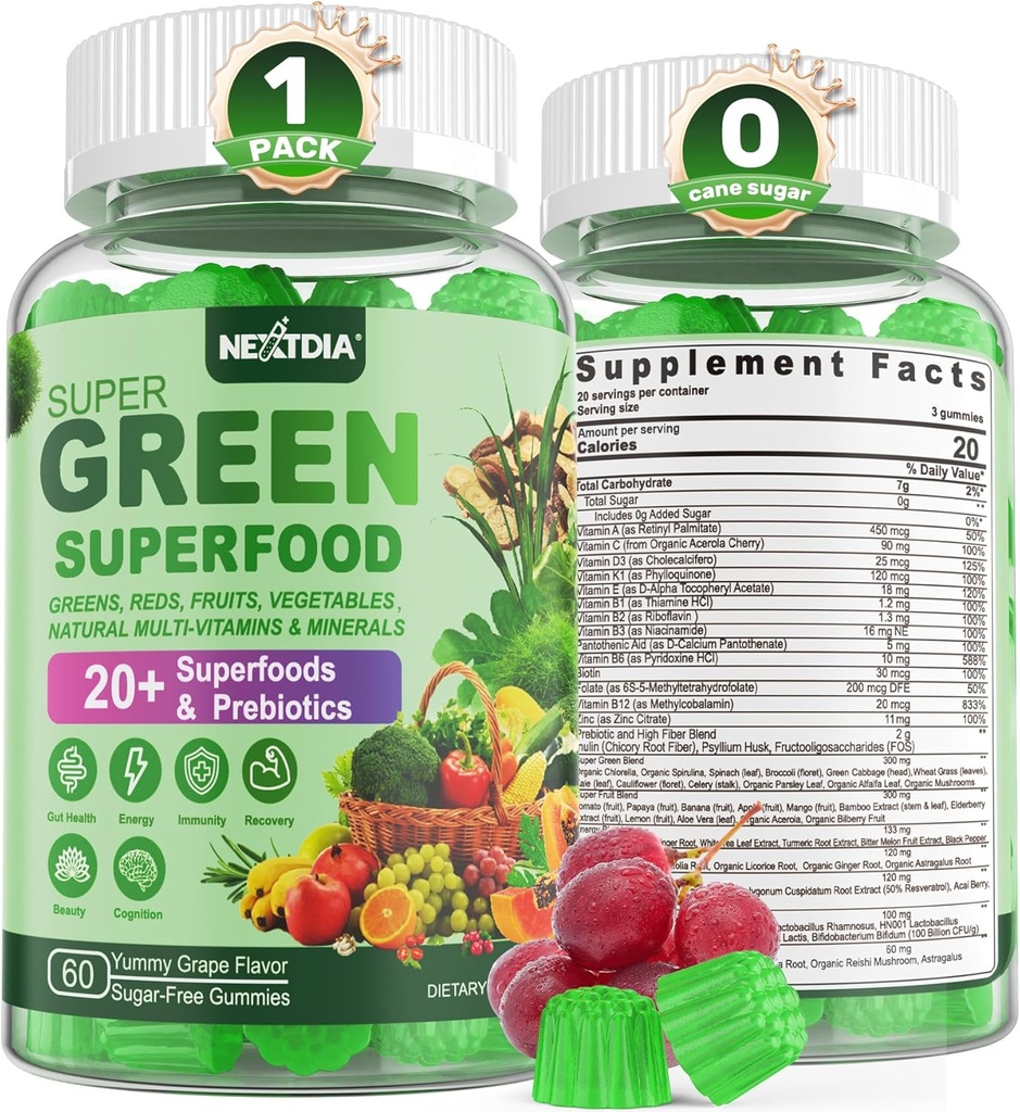 Super Green Gummies, Green Superfood Powder Alternativ w / Spirulina, Chlorella, Prebiotic Fiber, Probiotic, Fruit Veggie, Daily Green Vegetabilske til fordøjelse & Gut sundhed, Immunitet, Fokus, 60 Cts