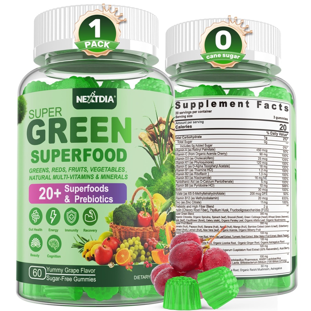 Super Green Gummies, Green Superfood Powder Alternativ w / Spirulina, Chlorella, Prebiotic Fiber, Probiotic, Fruit Veggie, Daily Green Vegetabilske til fordøjelse & Gut sundhed, Immunitet, Fokus, 60 Cts