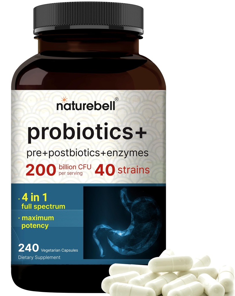 Probiotisk 200 Millioner CFU - 40 Sprains Per Serving Medic124; 240 Veggie Kapsler med Prebiotika og Probiotika til fordøjelse - Gut Health & Bloating Support Medical Probiotika for kvinder & Mænd