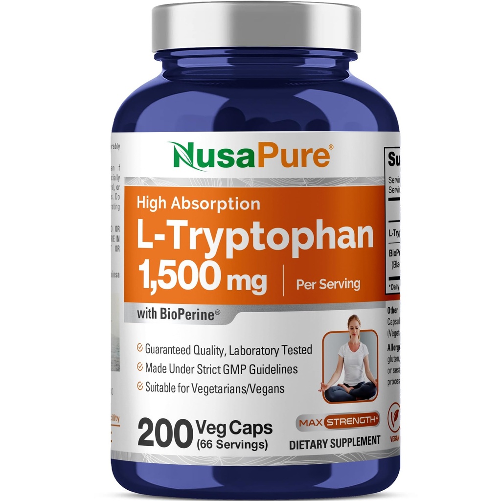 NusaPure L-Tryptophan Capsules, 1500 mg, 200 Veggie Capsules (Non-GMO, Vegan)