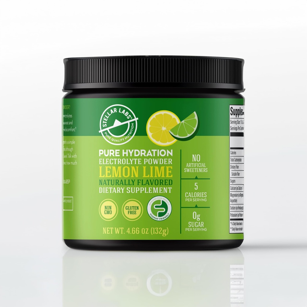 Stellar Labs Electrolyte Powder No Sugar ttesmå 124; Low FODMAP Hydration Multiplier Pulveriseret Drink Mix 124; Keto Friendly, Sugar Free, Non- GMO, Gluten Free Dehydration Relief • 124; Lemon Lime, 30 Servering