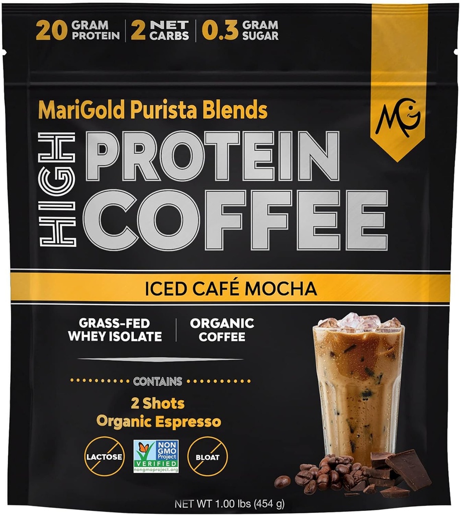 MariGold High Protein Coffee - Iced Café Mocha, 20g Grass Fed Whey Protein Isolate, Energy & Workout Boost, 2 Shots Organic Espresso, Non-GMO, 2 Net Carb, 1 Lb Bag, 15 Servings