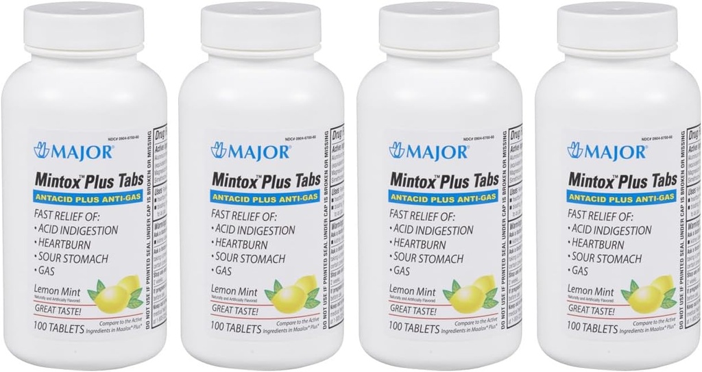 MAJOR Mintox Plus Tabs - Antacida Plus Anti- Gas Tablets - Hjælper hurtig lindring Syrefordøjelse, Heartburn, Sour Mave, og Gas - Lemon Mint Flavored - 100 Greve (4 Pack)