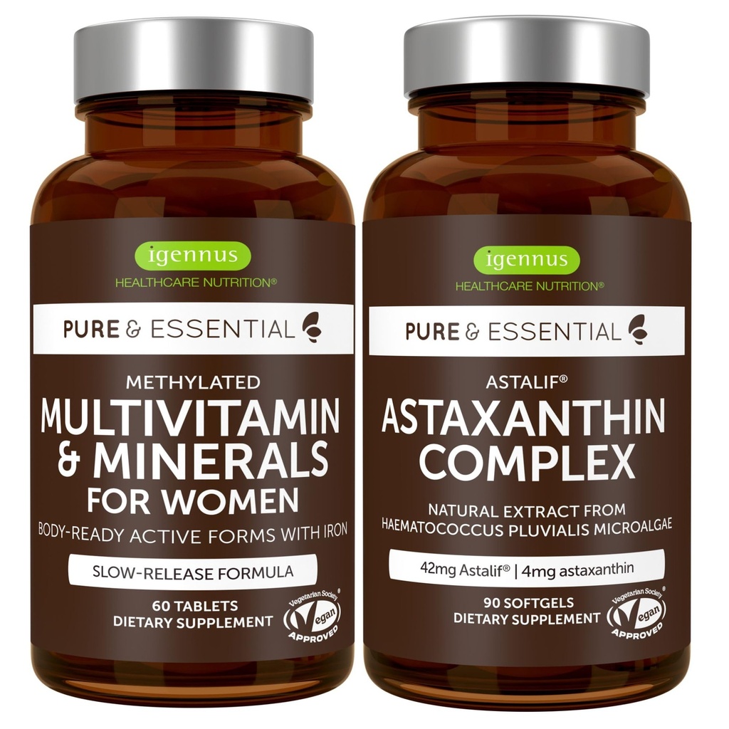 Multivitamin og mineraler til kvinder + Astaxanthin Complex Vegan Bundle, Sustained Release Advanced Multivitamin with Iron + Natural 4 mg H. Pluvialis Astaxanthin, af Igennus