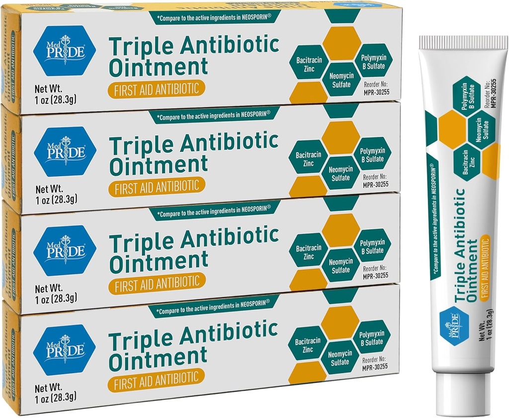 MED Pride Triple Antibiotic Pride Ointment Tube 1 Oz 4-Pack, First Aid for Minor Wounds, Scratches, Abrasions, with Zinc, Neomycin, Polymyxin