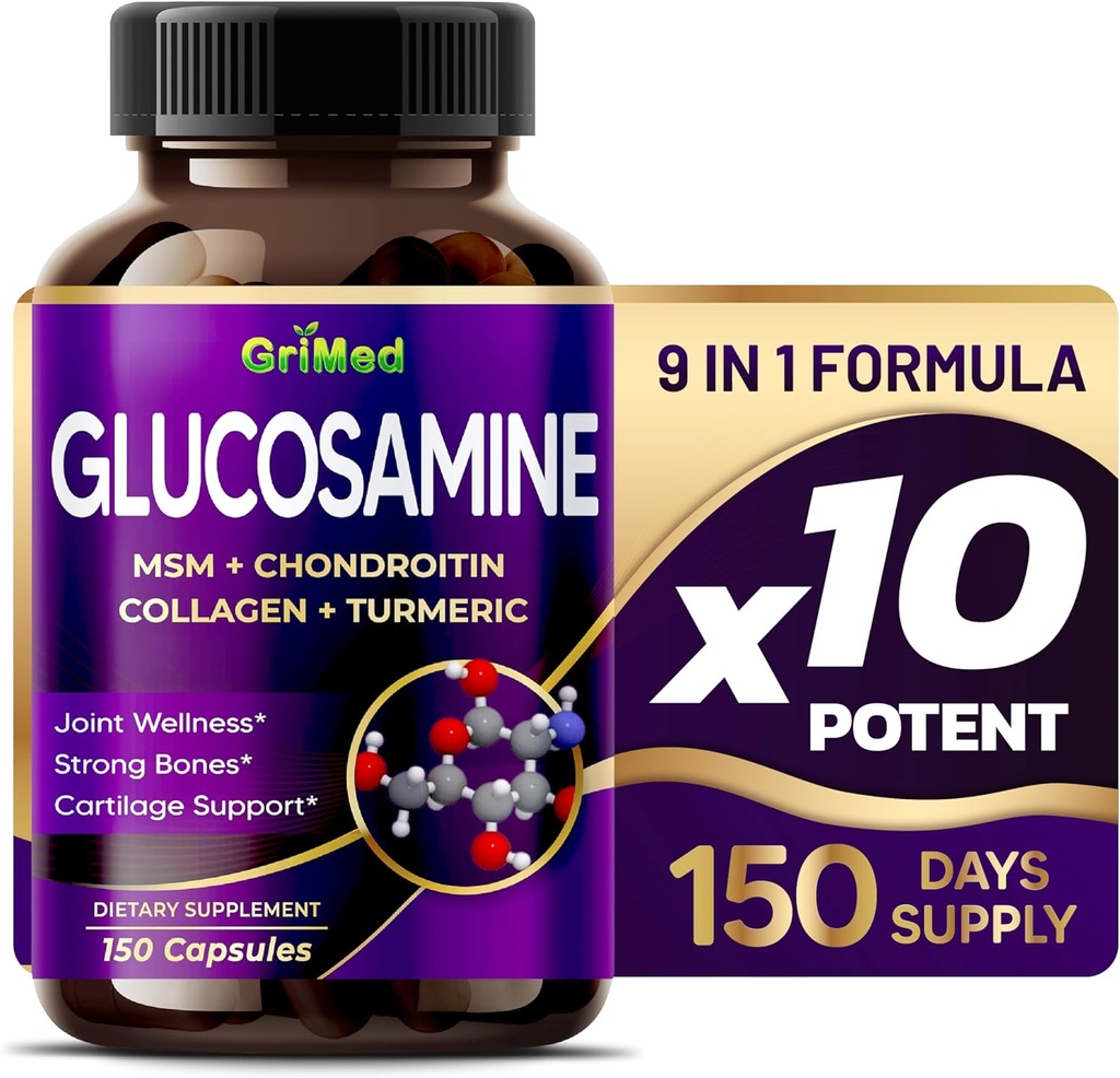 GriMed Glucosamine 12,000mg - X12 Power med MSM, Chondroitin, Collagen, Gurkemeje for fælles wellness, stærke knogler, Cartiage Support - USA Made & Testet