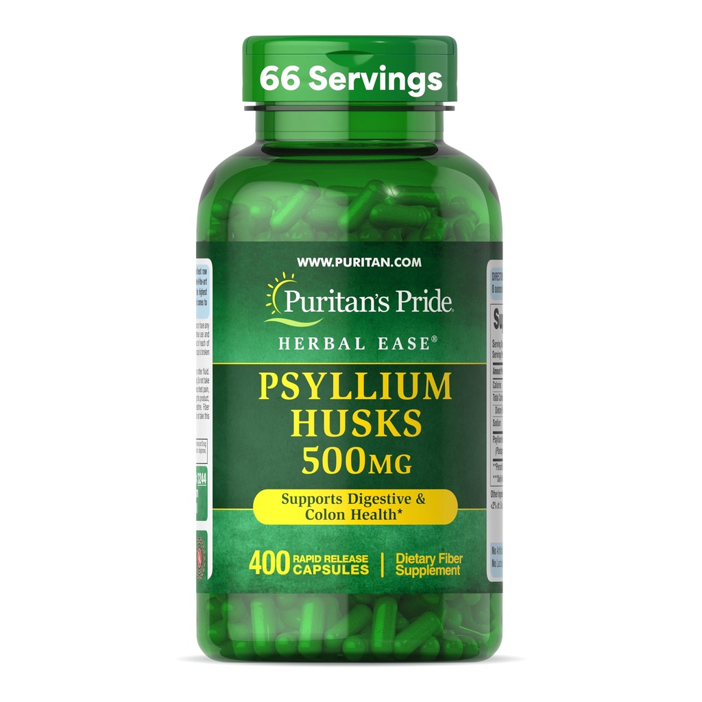 Puritan 's Pride Herbal Ease ® Psyllium Husks 500mg, Kosttilskud til fordøjelse, kolon, og hjerte sundhed støtte, Daily Fiber Kapsler, 2 Måned Supply, 400 Rapid Release Kapsler